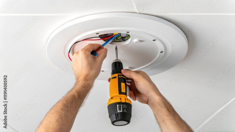 Fototapete closeup of hands using a screwdriver to attach a modern recessed lighting panel to the ceiling showc