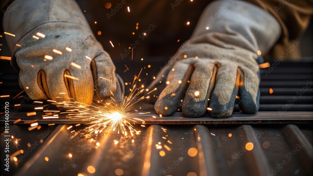 Poster closeup of protective gloves covered in fine particles with bright sparks contrasting against the me