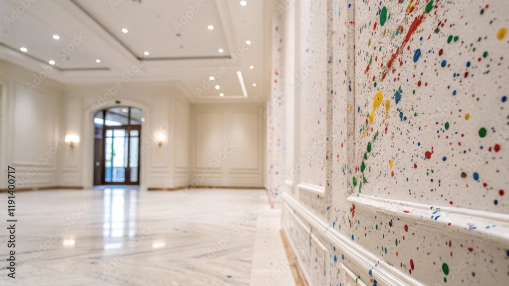 Aufkleber closeup of paint splatters on an unfinished wall with a pristine polished interior space of a newly 
