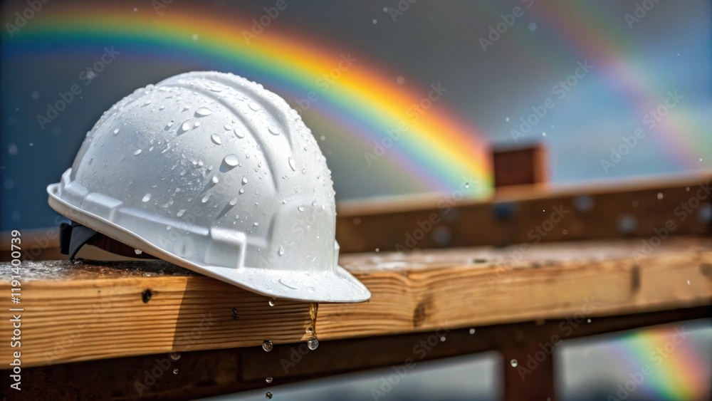 Poster closeup of raindrops clinging to a hard hat resting on a wooden beam with a colorful rainbow blurred
