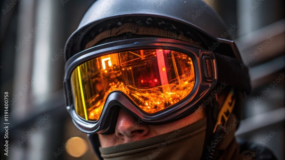 Poster Closeup of Reflection in Goggles An extreme closeup of goggles showing a vibrant reflection of glowing metal during a ting task emphasizing the protective barrier between the
