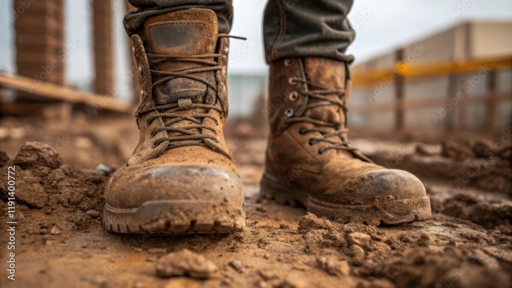 Poster Closeup of safety boots caked in mud standing firmly on a construction site with the rough terrain visible in the foreground suggesting resilience and the heart of the labor being