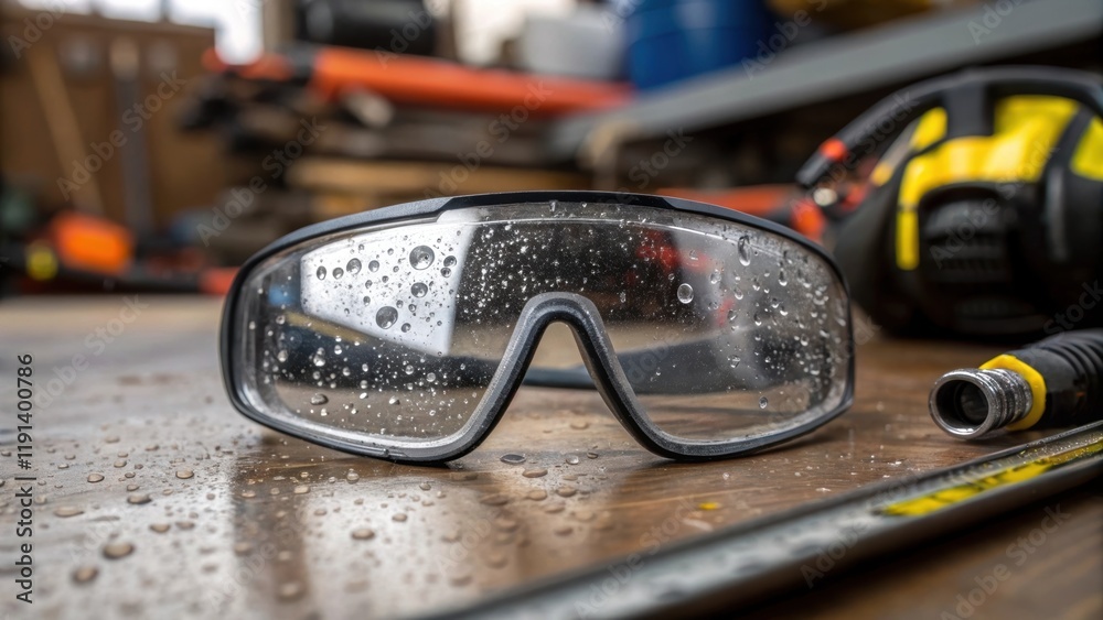 Poster closeup of safety glasses with droplets of water on the lenses magnifying the reflections of nearby 