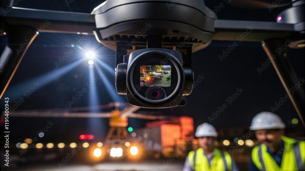 Poster closeup of the drones camera lens reflecting the glow of construction lights with beams of light pie