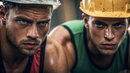 Closeup of the faces of two workers muscles tense and expressions serious focused intently on their shared task as they prepare for the lift embodying concentration and strength.