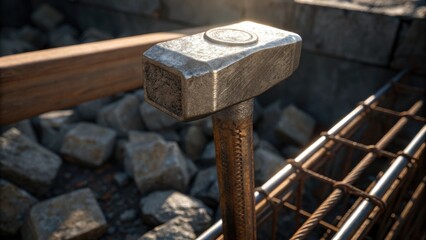 Closeup of the heavy steel hammer just inches away from a reinforced concrete pile with sunlight gleaming off its surface highlighting the robust construction materials used.