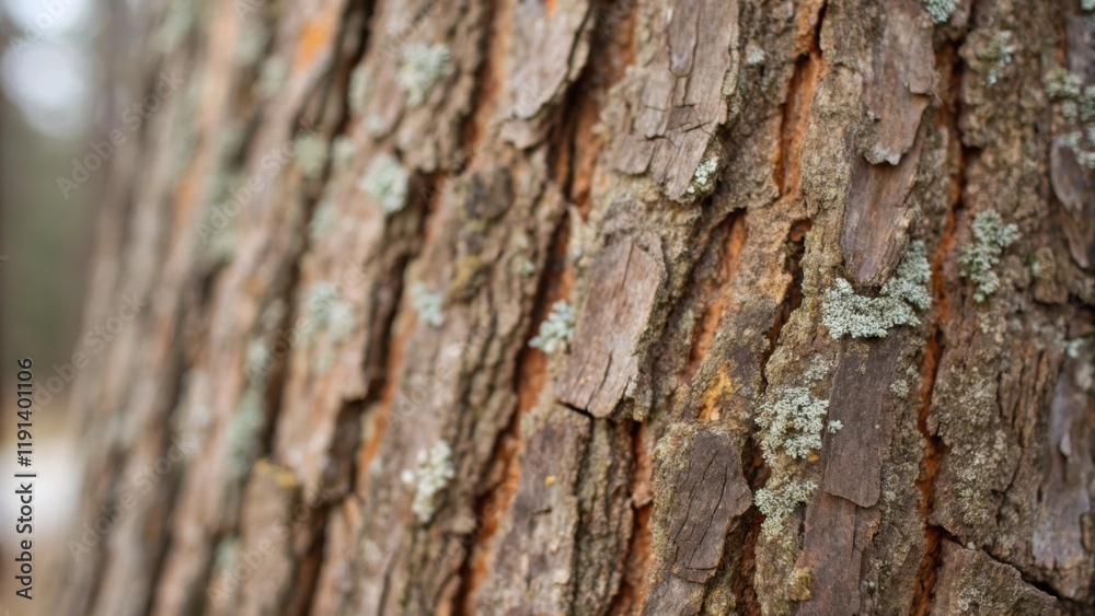 Aufkleber Closeup of Tree Bark An upclose examination of rough tree bark highlighting the varied textures patterns and subtle hues of browns and grays with lichen clinging to its surface.