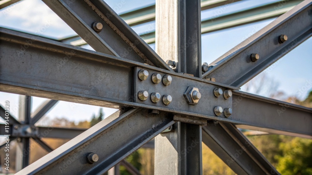 Poster closeup perspective of beams connected with steel plates and bolts highlighting the harmony of geome