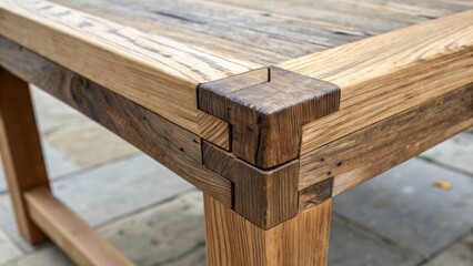 Closeup shot of the corner joint of two reclaimed boards featuring a unique handmade joinery od that blends functionality with artistry representing sustainable craftsmanship.