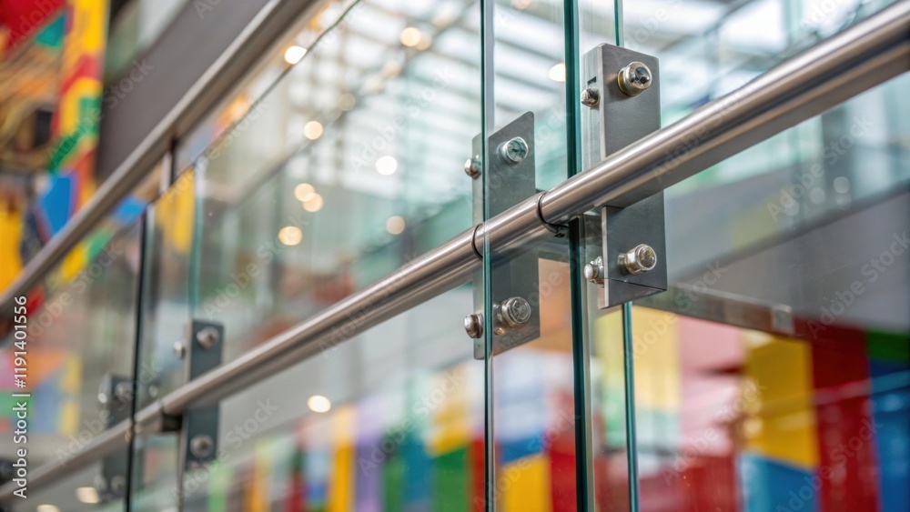 Poster Closeup view of installation brackets securing the glass panel with reflections of the installation site creating a vibrant tapestry of colors and shapes within the glossy surface.