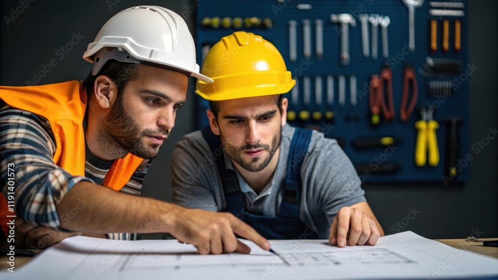 Poster Collaboration A closeup of two workers engaged in discussion one pointing towards blueprints spread out on a table capturing their focused expressions underscored by a backdrop of