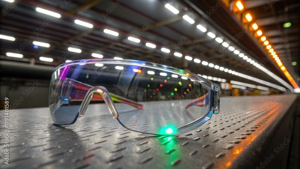 Poster closeup view of safety glasses on an industrial surface with vivid reflections of overhead lights da