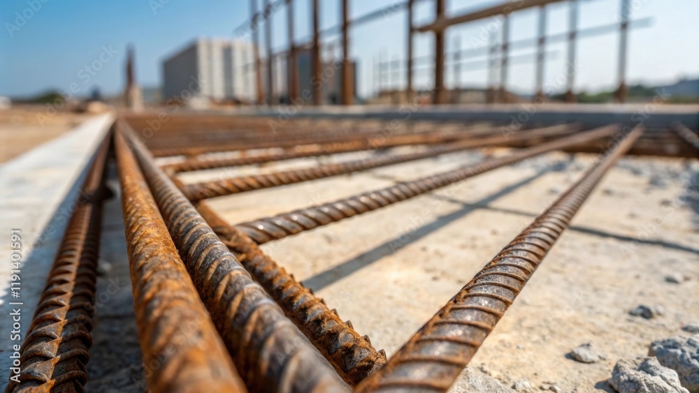 Aufkleber Closeup view of rustresistant rebar with a textured surface highlighting the ridges that enhance bonding with surrounding concrete against a blurred construction site in the