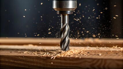 Closeup on the rotating drill bit its sharp edges gleaming as it makes contact with the wood shavings flying off from the force of the drilling.