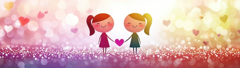 Cute Illustrative Scene of Two Girls Holding a Heart with Colorful Bokeh Background and Floating Hearts