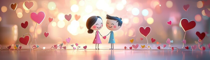 Cute and Colorful Illustration of a Couple Holding Hands with Hearts Background in a Romantic Setting