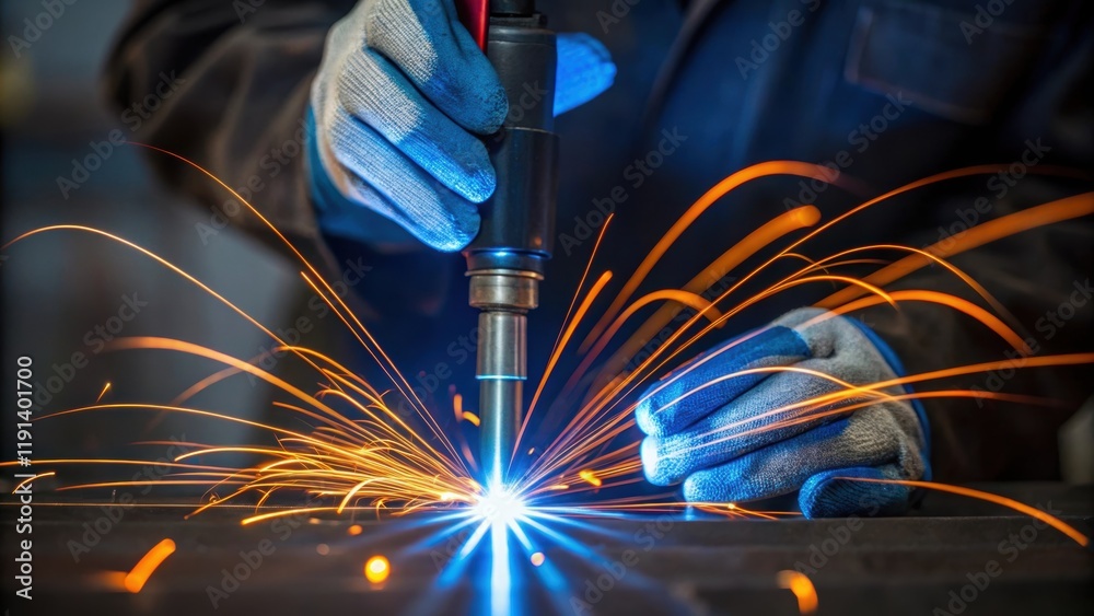 Aufkleber Control and Precision A closeup view of the workers fingers gripping the welding torch with precision as arcs of blue and orange light dance around them showcasing the skill and