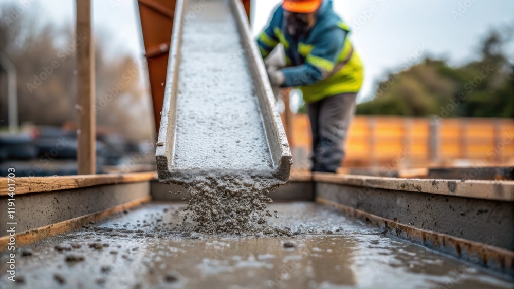 Poster Concrete Pouring A medium closeup image of a worker guiding a chute as concrete is poured into a foundation mold. The texture of the wet concrete with droplets splashing conveys
