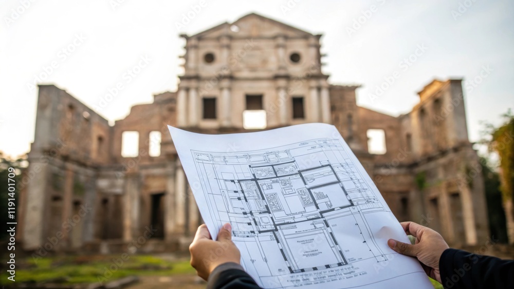 Poster construction plans a medium closeup of a hand holding blueprints with the old building in the backgr