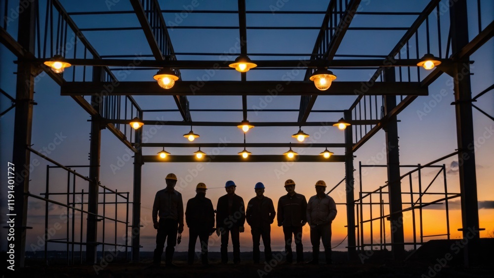 Poster Construction Lights in the Dark As days shorten with the onset of fall the glow of construction lights illuminates the skeletal framework against a deepening twilight. Workers