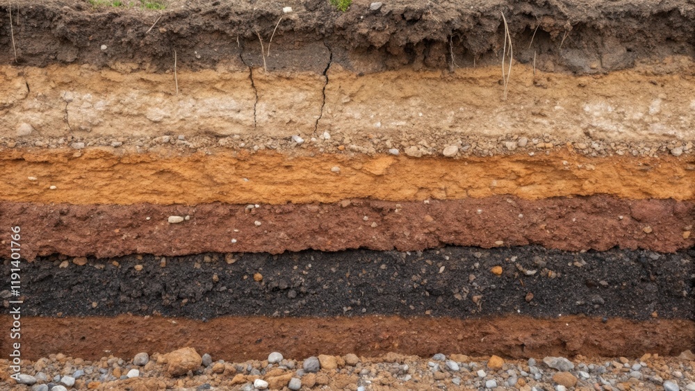 Poster Detailed closeup of soil layering within the pit showcasing different strata clay gravel and sand each with a distinctive texture and color indicating geological variances crucial