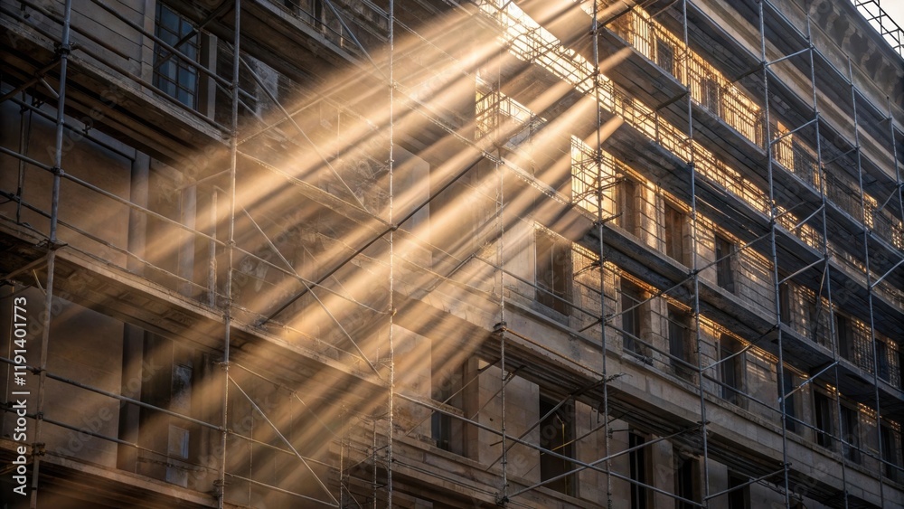Poster Delicate beams of sunlight weave through the gaps of the scaffolding illuminating patches of the buildings facade and accentuating the layered effect of light and shadow that