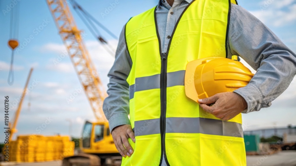 Aufkleber detailed view of the workers apparel showcasing a safety helmet and reflective vest with his hands i