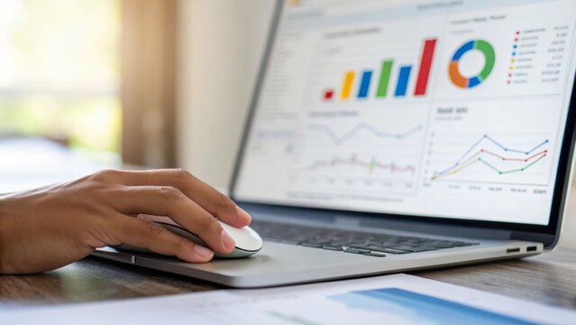 Data Review A focused image of a computer screen displaying graphs and charts related to quality control metrics with a hand hovering over the mouse suggesting active monitoring.