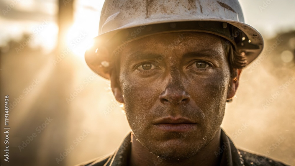 Poster dusty afternoon a closeup of a workers face covered in dust from the construction site. sweat beads 