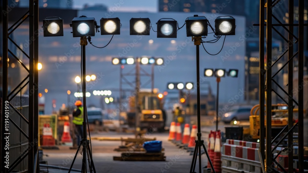 Aufkleber Dynamic blur of security lights rotating around a construction site framing the silhouettes of various tools and equipment creating an ambient glow that highlights the organized
