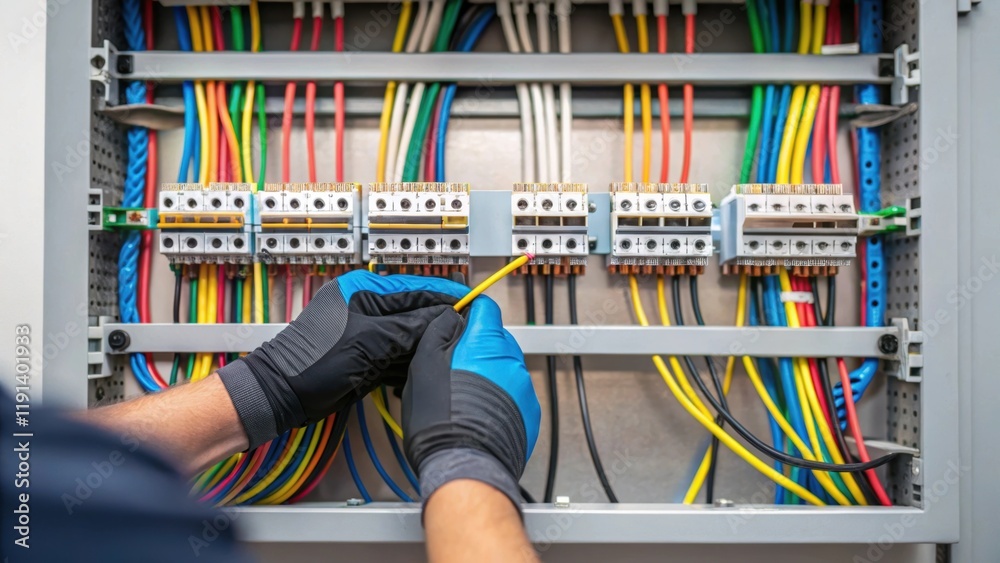 Aufkleber Electrical Wiring Configuration A medium closeup showing a technician meticulously organizing and connecting colorful electrical wires inside a distribution box. The complexity of