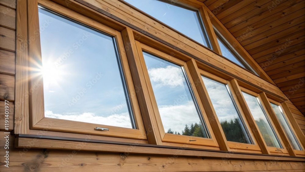 Poster EnergyEfficient Windows A medium closeup of a series of tripleglazed windows installed in a wooden frame with sunlight streaming through highlighting the thermal efficiency and