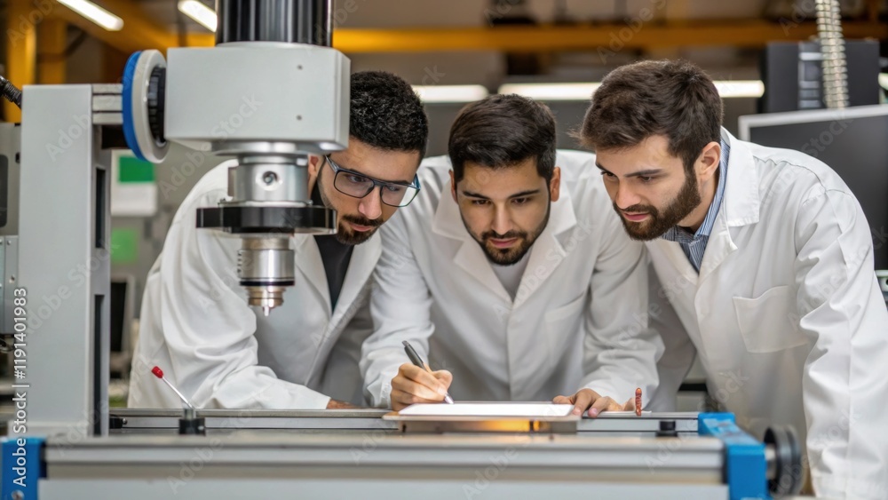 Aufkleber Engineers in a lab collaborate closely examining a prototype as a precision milling machine operates nearby showcasing teamwork that blends creativity with advanced technology.