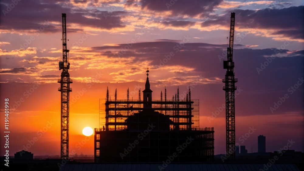 Poster evening sun setting behind a partially built structure silhouetting cranes and scaffolding while the
