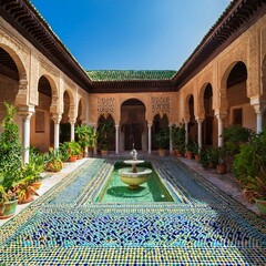 Generated image A beautifully tiled Moroccan courtyard with lush greenery and a mosaic fountain