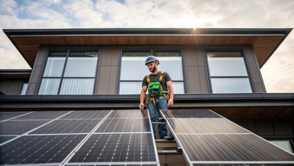 Energy Efficiency Medium closeup of a technician installing solar panels on a newly constructed building capturing the integration of renewable energy technologies into the design