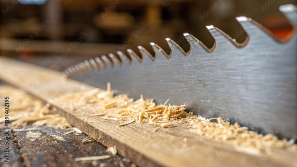 Fototapete focused on a section of the saw blade the sharp teeth gleam under the light revealing the worn edges