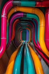 Brightly colored pipes form a tunnel-like structure.