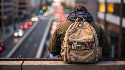 Obraz premium Focus on a faded backpack casually resting next to him with tools peeking out signifying the blend of hard work and a moments relief while overlooking the busy streets below.