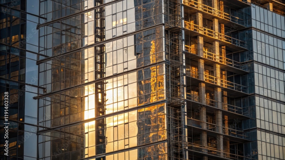 Poster glass reflections a medium closeup of a highrise building under construction with sections of glass 