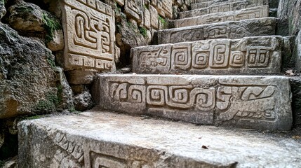 Ancient Mayan Carvings on Stone Steps