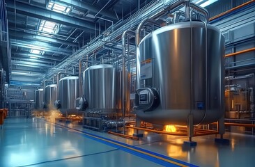 Obraz premium Modern commercial oil illustration depicting a large stainless steel boiler room with a steam-filled atmosphere and gas fields in an industrial setting.