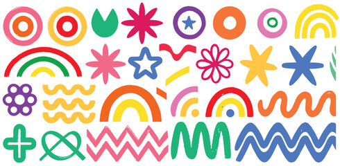 Charcoal colorful doodle graffiti punk and girly shapes collection. Geometric style in multi colored.Vector illustration, Colorful geometric elements.