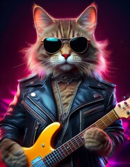 Generated image  A cat dressed as a rock star, with a leather jacket, sunglasses, and a toy guitar