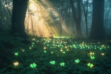 Fototapeta premium A misty forest with glowing shamrocks on the ground, a faint rainbow in the background, and golden light filtering through the trees, evoking a mystical St. Patricks Day feel 