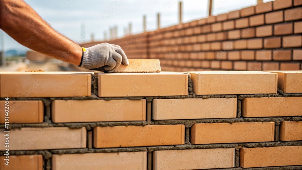 Poster In a medium closeup the workers hand is seen repeating a rhythmic motion deftly filling a gap with mortar while a row of completed bricks stands proudly in the background.