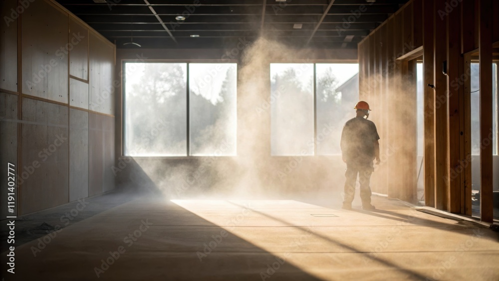 Poster in the hazy atmosphere of a partially completed room s of dust motes drift lazily through the air sw