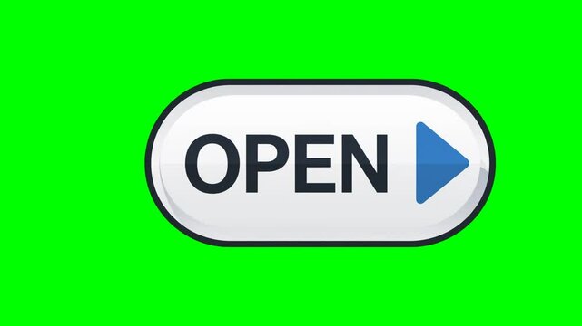 Animated 'Open' button text with right side arrow for link click, video editing. green screen loop video