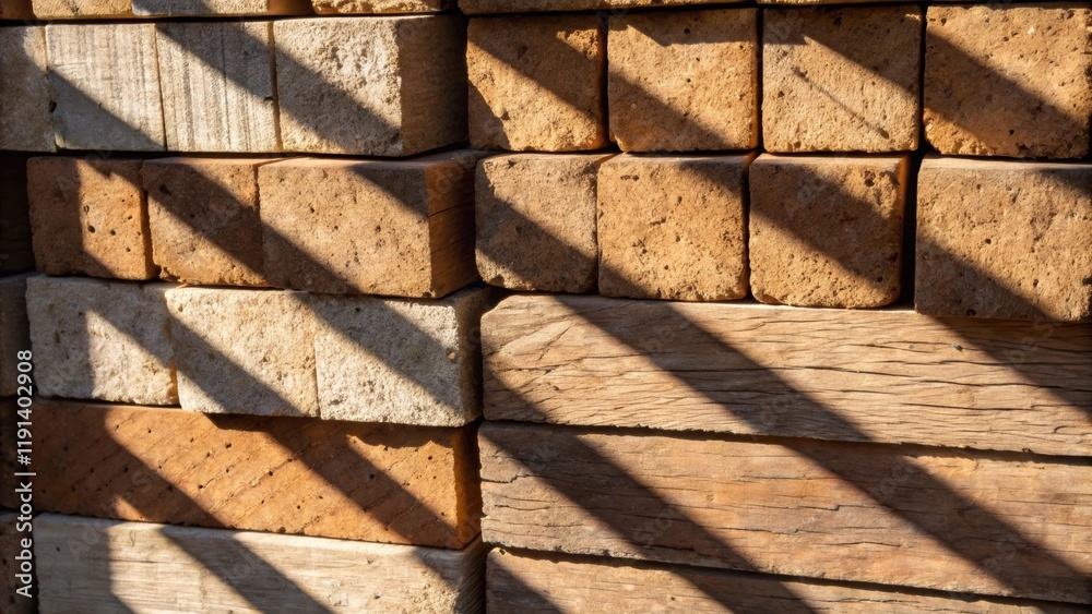 Aufkleber Material Palette A closeup of stacked bricks and wood planks with strong diagonal shadows slicing across the surfaces. The texture of each material is enhanced by patches of light