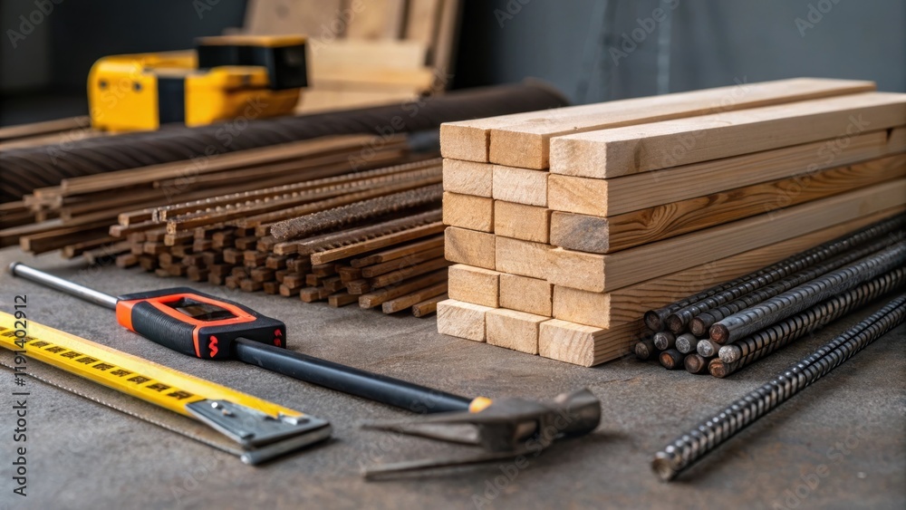 Aufkleber material stacks and tools a closeup image of stacked materialstimber beams and metal rebarcarefully 